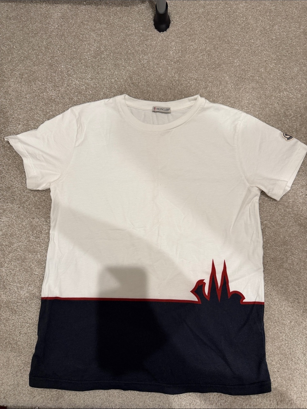 Moncler White Tee with Navy Lower Panel and Red Hem Accent